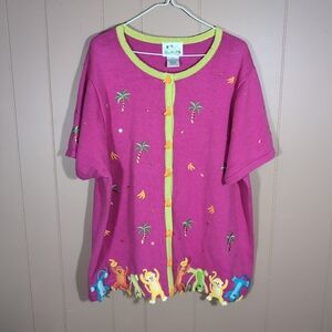 Quacker Factory Monkey Sweater Shirt Size 1X Pink Palm Tree Banana Buttons